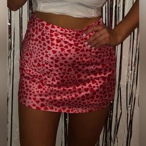 Princess Polly Mini Skirt Heart Printed Red Pink Satin